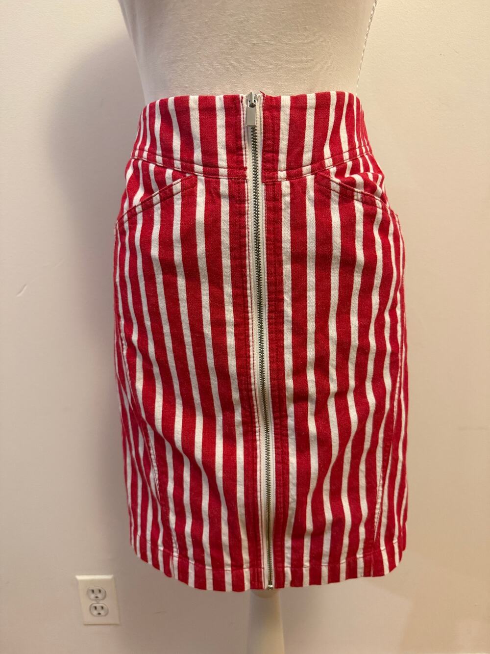 Mango MNG Suit Red White Striped Mini Skirt W Zipper Cotton Linen Blend Xs